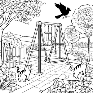 Lustige Katzen auf der Spielplatz-Entdeckungsreise Ausmalvorlage für flinke Kratzefreunde