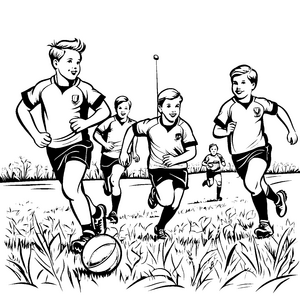 Rugby spielende Kinder im grünen Feld Ausmalbild für sportbegeisterte Freunde