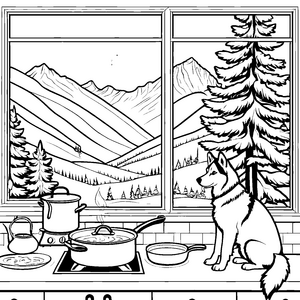 Husky beim Kochen mit herrlichem Bergblick Ausmalvorlage für neugierige Entdecker