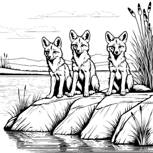Verspielte Kojoten-Welpen am Ufer Ausmalvorlage für neugierige Naturforscher