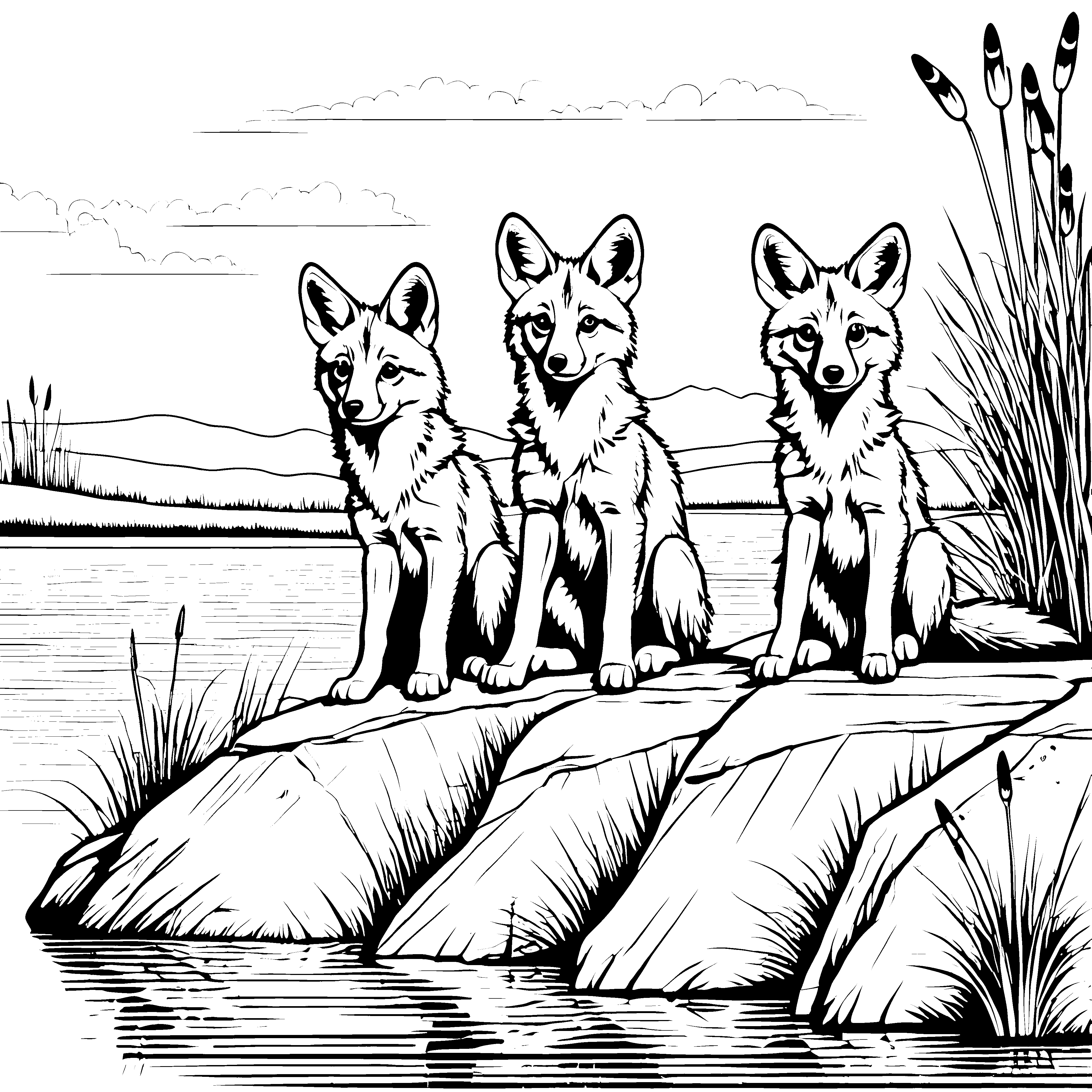 Verspielte Kojoten-Welpen am Ufer Ausmalvorlage für neugierige Naturforscher