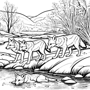 Wilde Kojoten-Welpen am glitzernden Fluss Ausmalbild für neugierige Tierfreunde