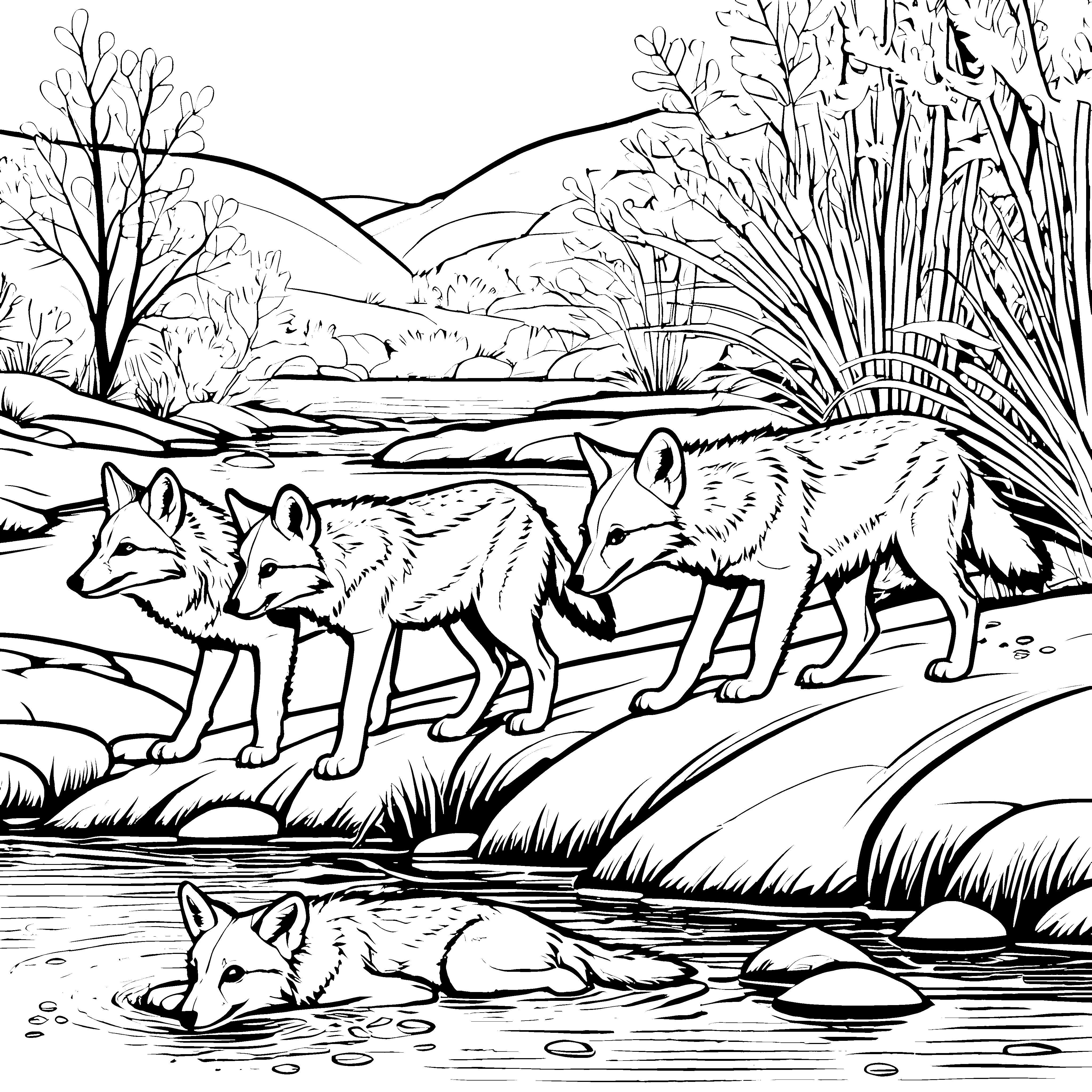 Wilde Kojoten-Welpen am glitzernden Fluss Ausmalbild für neugierige Tierfreunde
