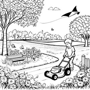 Blühender Garten mit fröhlichem Rasenmäher Ausmalvorlage für abenteuerliche Gartenfreunde