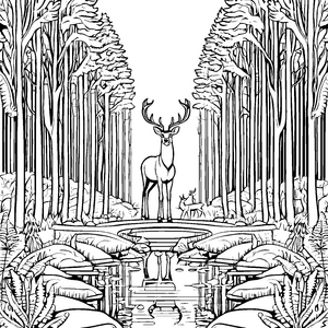 Majestätischer Riesenhirsch am Waldteich Ausmalmotiv für abenteuerliche Naturfreunde