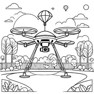 Futuristische Drohne über grüner Parklandschaft Ausmalbild für kleine Technikfans