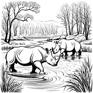 Zwei majestätische Nashörner am stillen Wasser Ausmalvorlage für tierische Abenteuerlustige