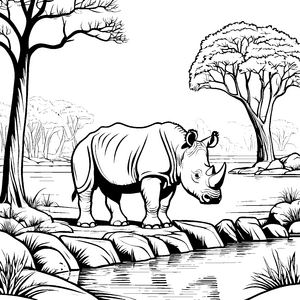 Majestätisches Nashorn am glitzernden Wasserloch Malvorlage für große Abenteurer