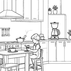 Kreativer Junge beim Kaffeezubereiten Malvorlage für kleine Küchenchefs