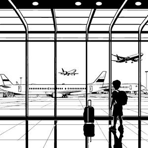 Spannende Flugzeuge am Flughafenfenster Ausmalvorlage für kleine Weltenbummler