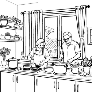 Kochendes Großelternpaar in der heimischen Küche Ausmalbild für kleine Genießer
