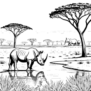 Majestätisches Nashorn am glitzernden Wasserloch Ausmalbild für spannende Naturentdecker