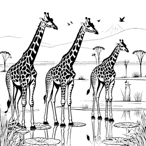Majestätische Giraffen am glitzernden Wasser Ausmalvorlage für kleine Naturforscher