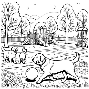 Verspielte Golden Retriever im bunten Spielplatz Ausmalvorlage für kleine Abenteuerlustige