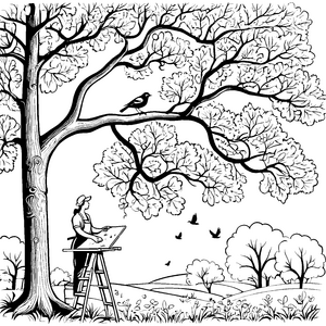 Kreative Malerin vor einem großen Baum Ausmalvorlage für kleine Künstler