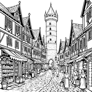 Schöner Turm über malerischer Altstadt Ausmalbild für junge Geschichtenerzähler