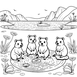 Quokka Babys beim Spielen am lichten Wasser Ausmalvorlage für neugierige Mini-Entdecker