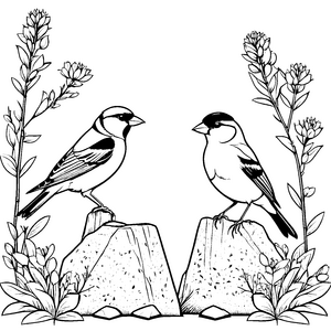 Zwei fröhliche Vögel auf farbenfrohen Steinen Ausmalvorlage für neugierige Naturfreunde