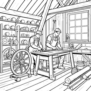 Fleißige Handwerker im eigenen Radmacheratelier Ausmalvorlage für kleine Kreativköpfe