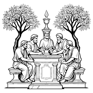 Wissbegierige Philosophen im inspirierenden Garten Ausmalvorlage für kluge Denker