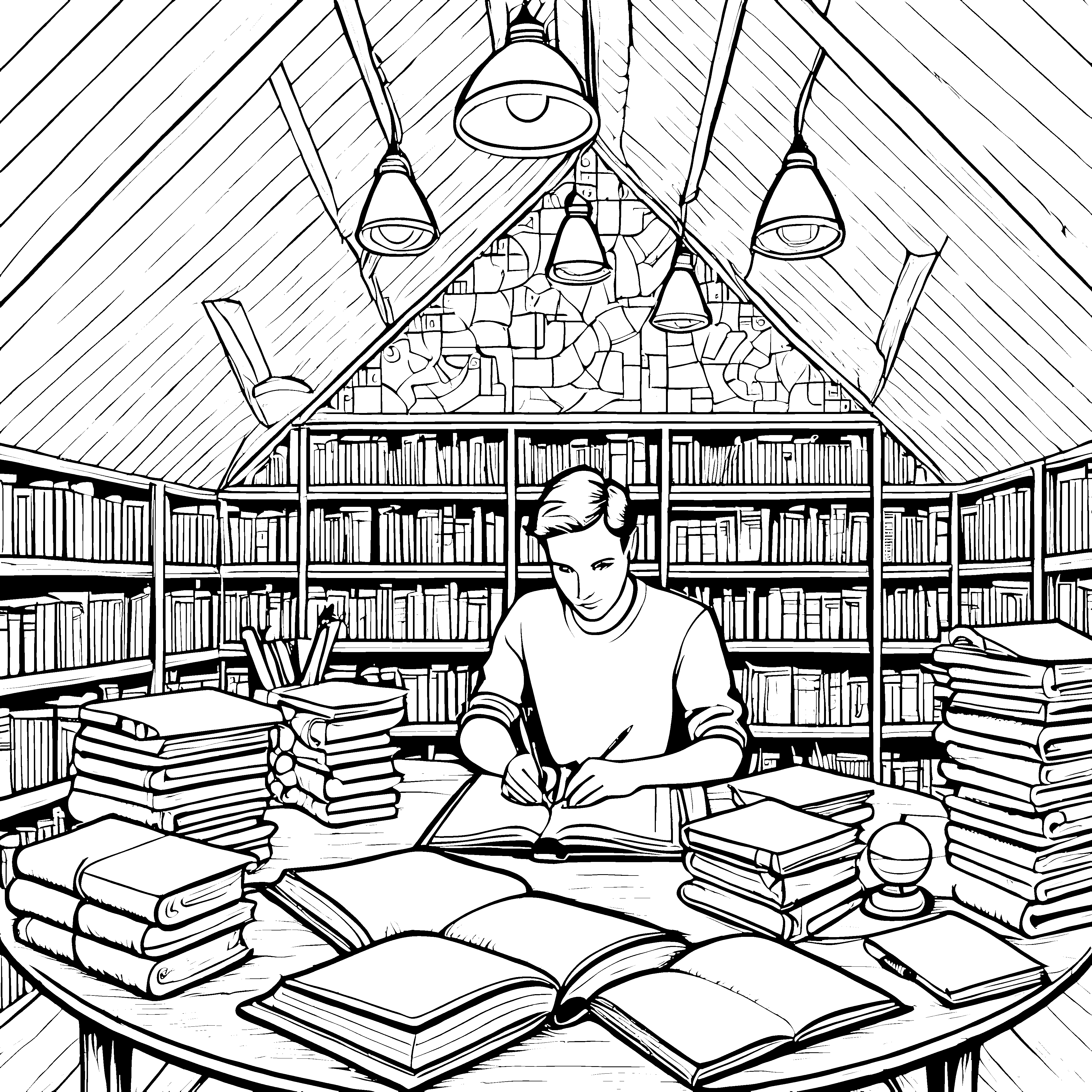 Fleißiger Mathematiker in inspirierender Bibliothek Ausmalbild für wissensdurstige Köpfe