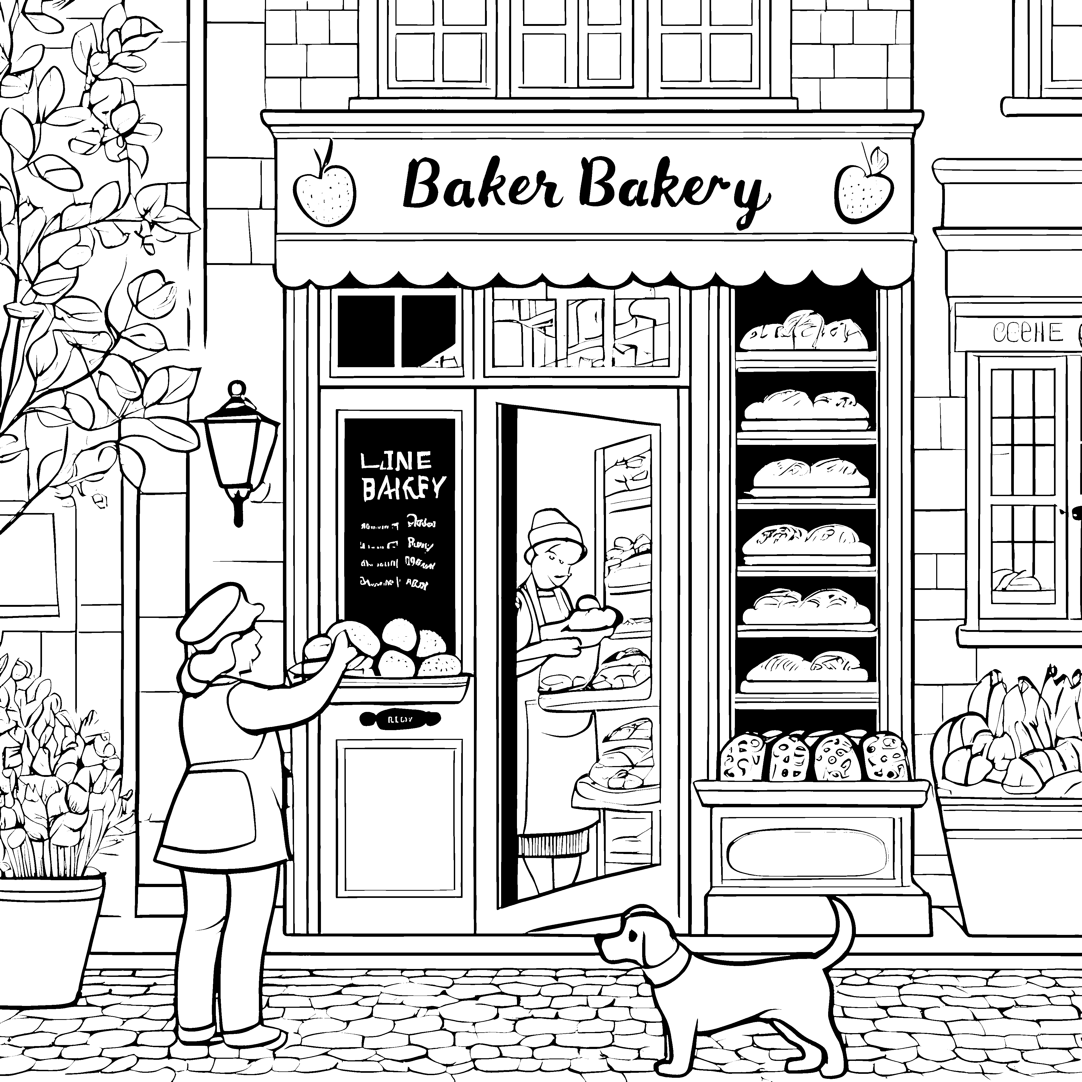 Gemütliche Bäckerei mit leckerem Brot Ausmalvorlage für kreative Küchenkünstler