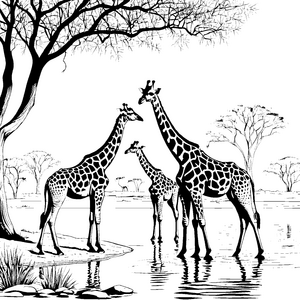 Majestätische Giraffen am Wasserloch Ausmalvorlage für abenteuerliche Entdecker
