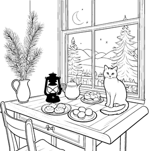 Kätzchen am Fenster mit Weihnachtsgebäck Ausmalvorlage für neugierige Katzenliebhaber