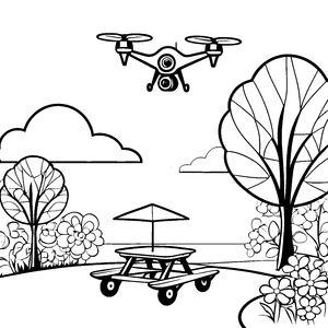 Fliegende Drohne über blühendem Garten Ausmalvorlage für junge Technikfans