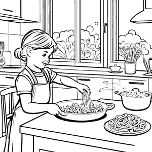 Köstliche Spaghetti-Zubereitung in fröhlicher Küche Ausmalbild für junge Gourmet-Entdecker