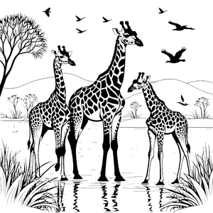 Faszinierende Giraffenfamilie am Wasser Ausmalvorlage für neugierige Tierliebhaber