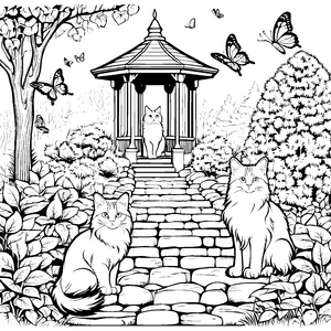 Majestätische norwegische Waldkatzen im Garten-Ausmalbild für kreative Tierliebhaber