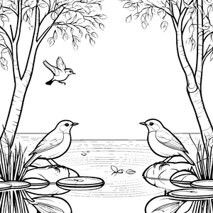 Spritzige Vögel im malerischen Wasserbad Ausmalvorlage für neugierige Naturforscher