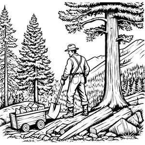 Holzfäller bei der Arbeit im Wald Ausmalmotiv für kreative Naturfreunde