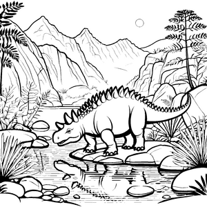 Abenteuerlicher Stegosaurus am glitzernden Wasser Ausmalbild für fantasievolle Archäologen