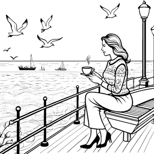 Bezaubernde Dame mit Kaffee und Meerblick Ausmalbild für entspannte Künstler