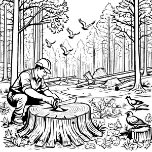 Förster bei der Baumfällung Ausmalmotiv für kleine Naturforscher