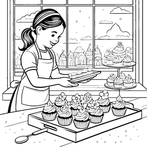 Bezaubernde Cupcakes im bunten Caf Malvorlage für kleine Backkünstler