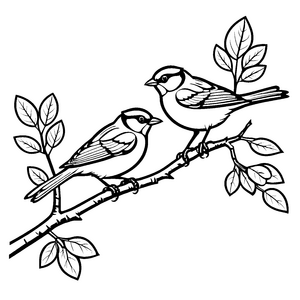 Fröhliches Vogelpaar auf bunter Zweig-Ausmalbild für kreative Naturfreunde