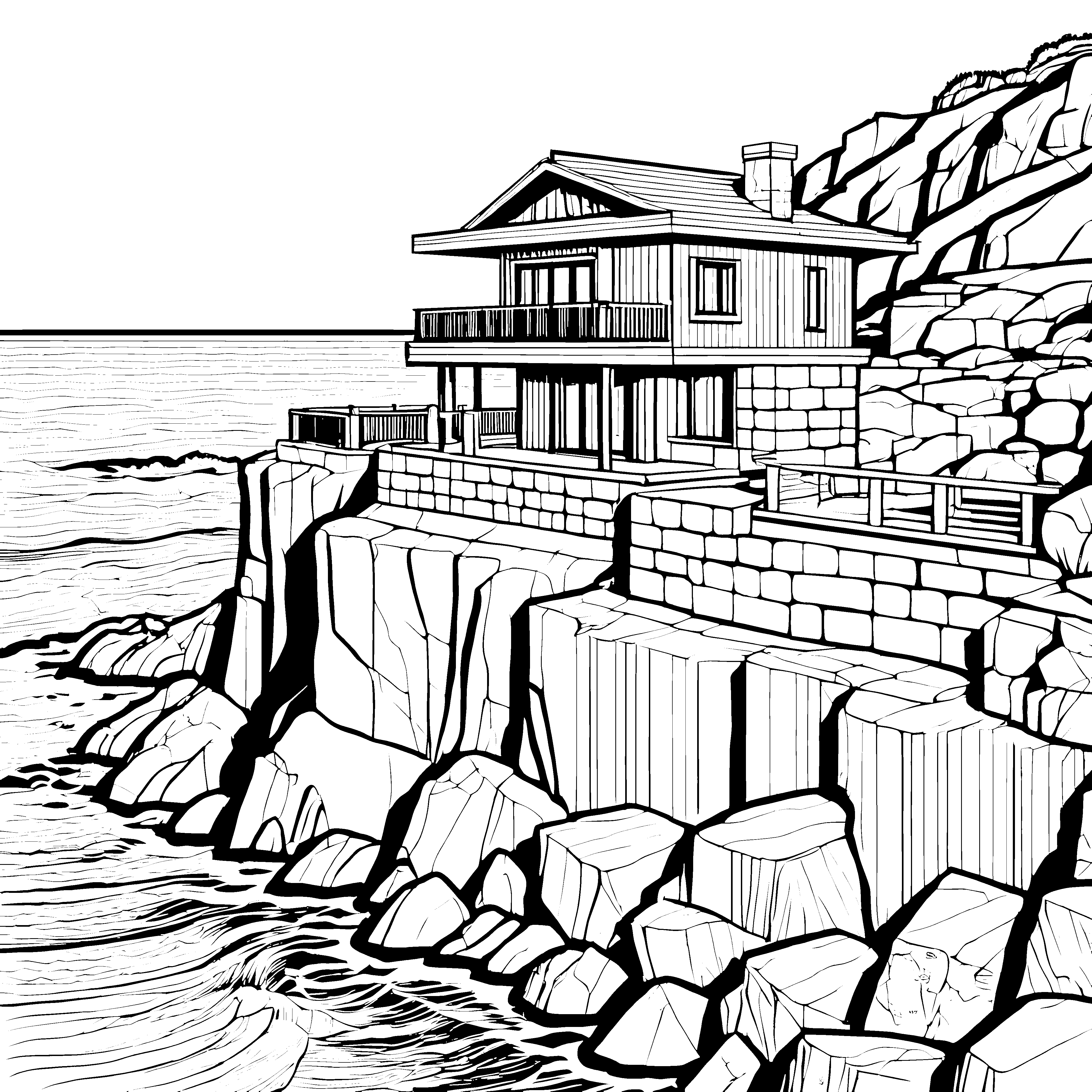 Kreatives Küstenhaus auf erhabener Klippe Ausmalbild für abenteuerlustige Künstler