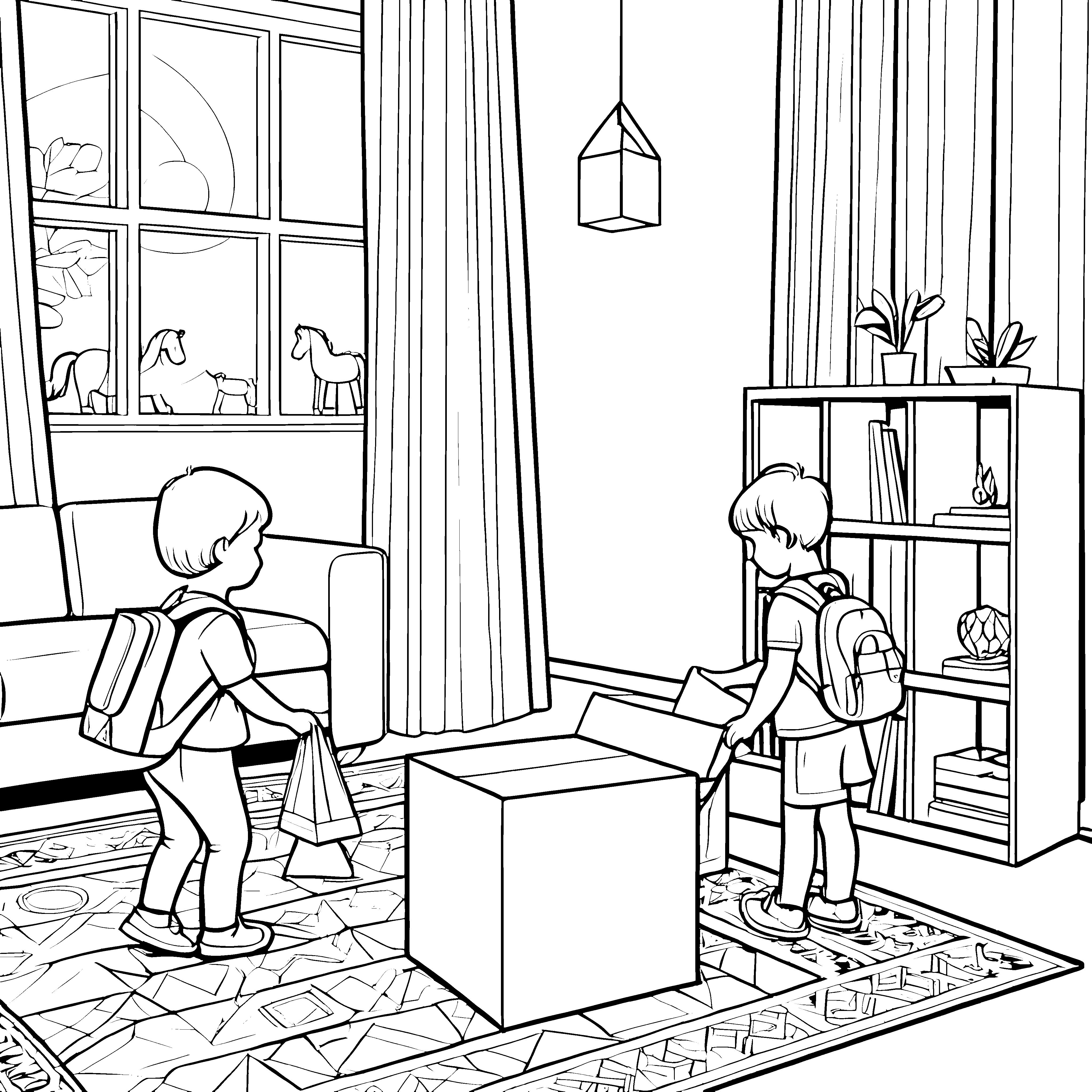 Abenteuerliche Spielzeugentdeckung im gemütlichen Wohnzimmer Ausmalvorlage für kleine Entdecker
