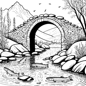 Faszinierende Lachse unter der alten Brücke Ausmalvorlage für neugierige Entdecker