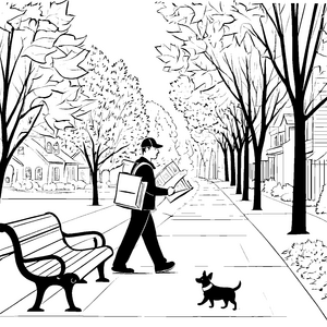 Zeitungsausträger mit fröhlichem Hund am Wegesrand Malvorlage für junge Entdecker