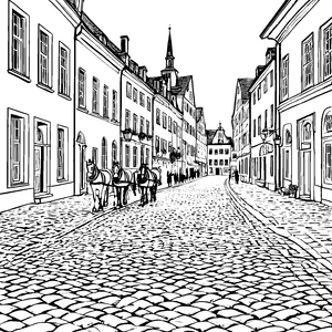 Elegante Kutsche auf historischer Straße Ausmalbild für kleine Zeitreisende