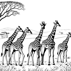 Schöner Giraffenfamilienausflug im afrikanischen Grasland Ausmalbild für kleine Naturforscher