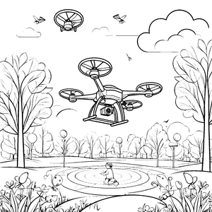 Luftige Drohnen im bunten Park Ausmalvorlage für kleine Technikfans