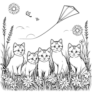 Fünf lustige Katzen im bunten Blumenfeld Ausmalvorlage für aktive Katzenfreunde