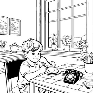 Klassisches Festnetztelefon mit fröhlichem Jungen Ausmalvorlage für neugierige Telefonfreunde