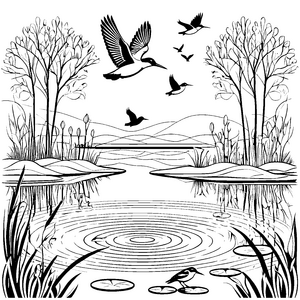 Fröhliche Vögel im spritzigen Wasser Ausmalvorlage für neugierige Naturfans