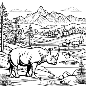 Stolzes Nashorn am glitzernden Wasser Ausmalvorlage für wagemutige Naturfreunde